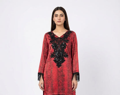 Women's Stitched 2 Piece Suit - Red & Black Snakeskin Printed Shirt & Trouser Women's Stitched 2 Piece Suit - Red & Black Snakeskin Printed Shirt & Trouse