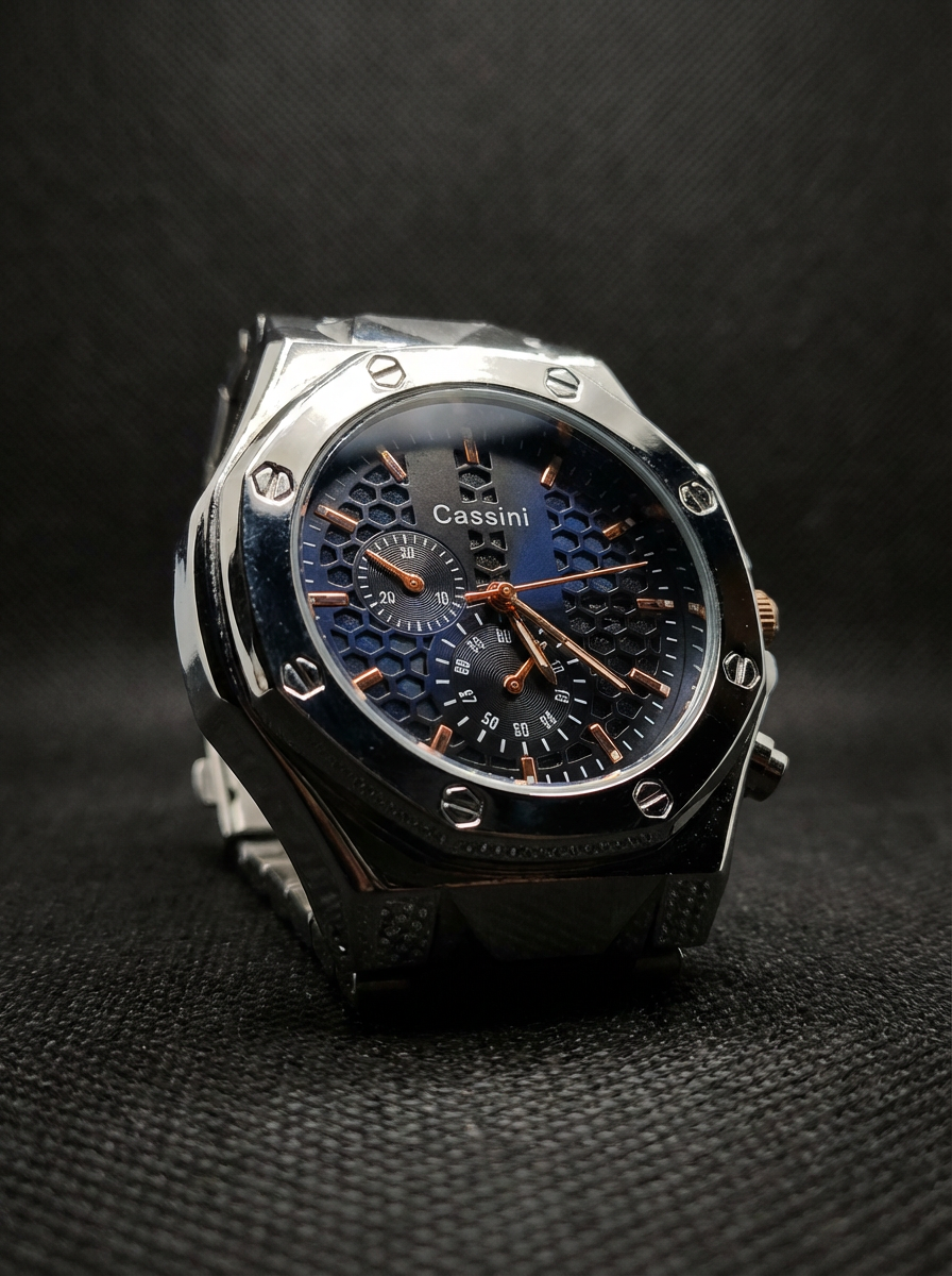 Cassini Men’s Luxury Chronograph Watch – Stainless Steel Case, Black Dial with Orange Hands, Sporty Analog Wrist Watch