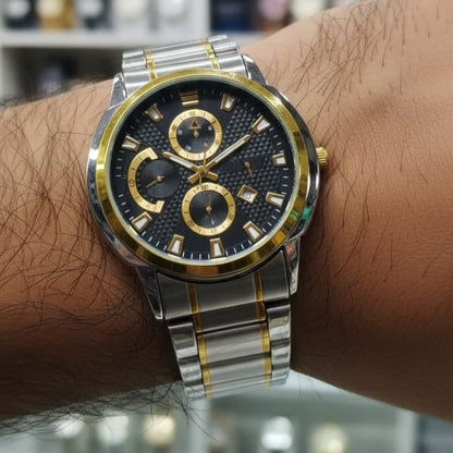 Luxury Men’s Analog Wrist Watch – Stainless Steel Strap, Black Dial with Gold Accents, Date Display