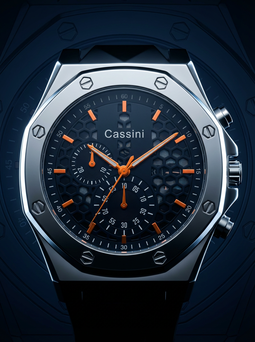 Cassini Men’s Luxury Chronograph Watch – Stainless Steel Case, Black Dial with Orange Hands, Sporty Analog Wrist Watch