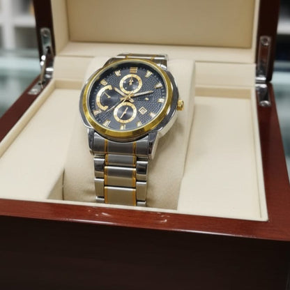 Luxury Men’s Analog Wrist Watch – Stainless Steel Strap, Black Dial with Gold Accents, Date Display