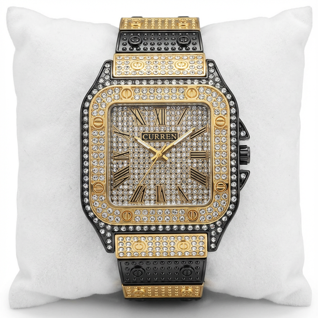 Luxury Square Dial Men’s Watch – Crystal Studded Gold & Black Quartz Wrist Watch