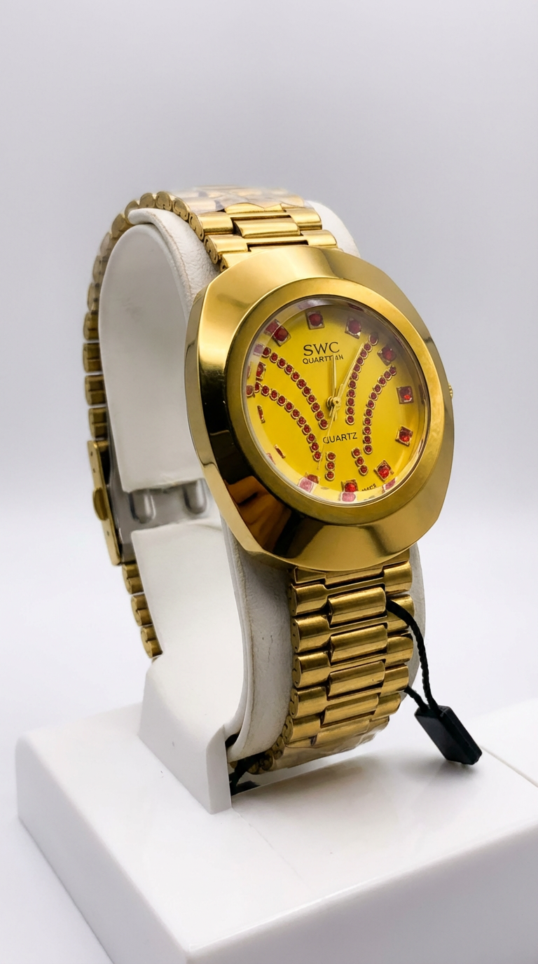 SWC Luxury Gold Plated Quartz Watch for Men - Unique Red Rhinestone Dial - Elegant Fashion Statement Watch