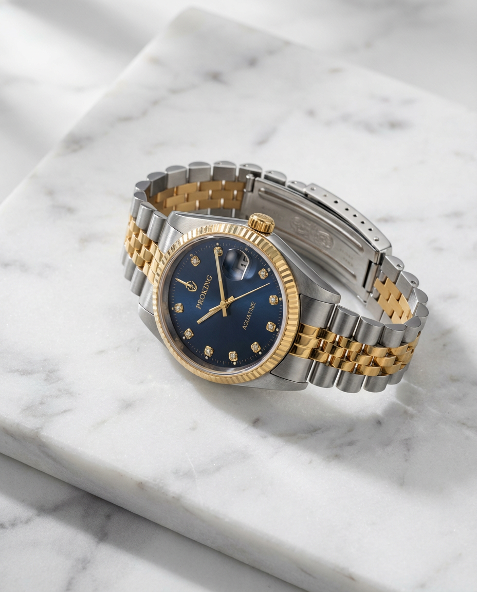 🕰️ PROKING Two-Tone Luxury Men's Wrist Watch – Gold & Silver Stainless Steel, Date Display, Diamond Markers, Water Resistant
