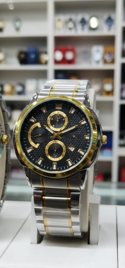 Luxury Men’s Analog Wrist Watch – Stainless Steel Strap, Black Dial with Gold Accents, Date Display