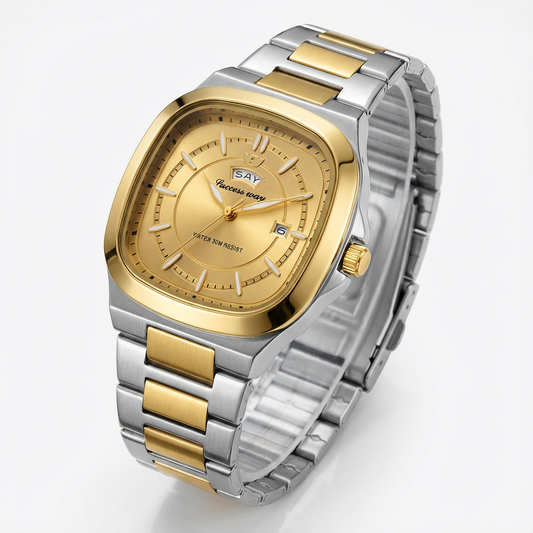Success Way Luxury Square Two-Tone Men’s Watch - Gold & Silver Stainless Steel - Water Resistant - Date Display
