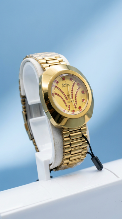 SWC Luxury Gold Plated Quartz Watch for Men - Unique Red Rhinestone Dial - Elegant Fashion Statement Watch