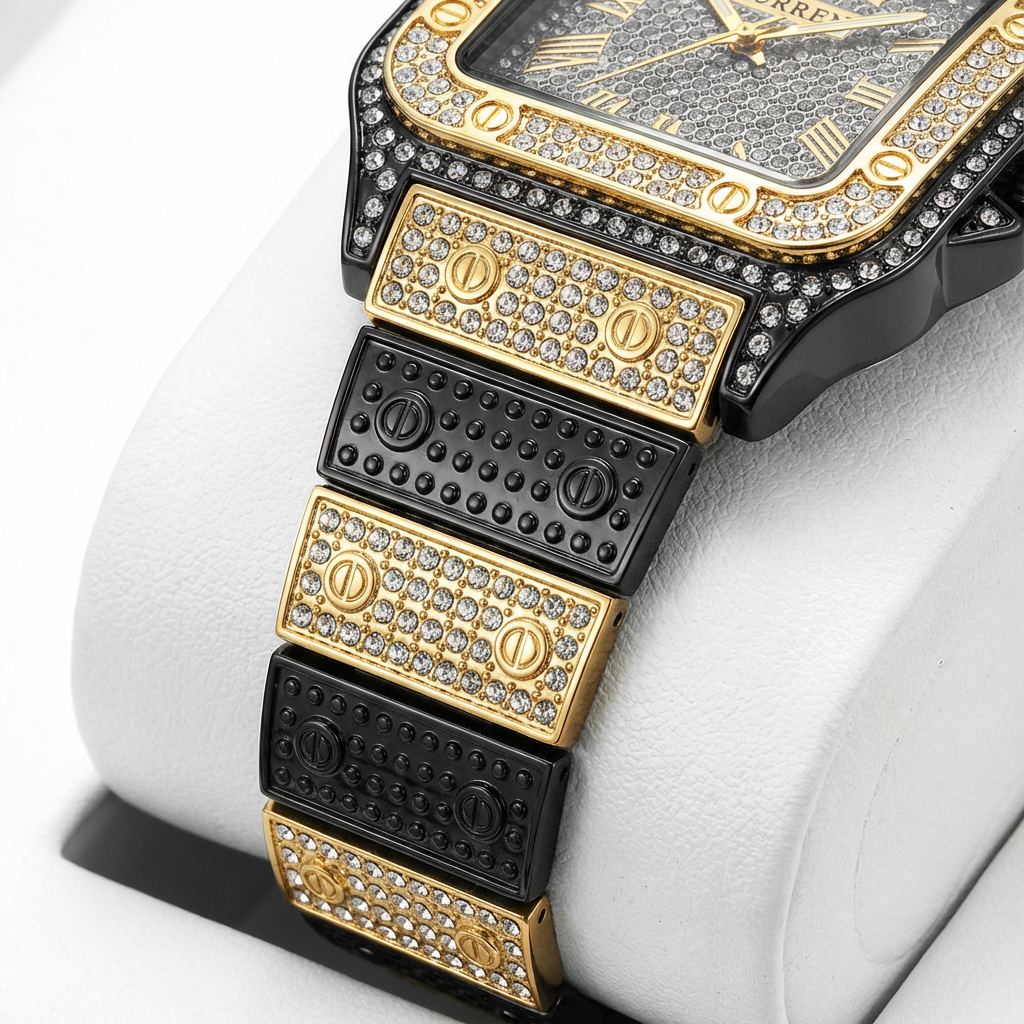 Luxury Square Dial Men’s Watch – Crystal Studded Gold & Black Quartz Wrist Watch