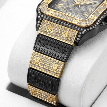 Luxury Square Dial Men’s Watch – Crystal Studded Gold & Black Quartz Wrist Watch