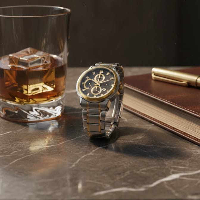 Luxury Men’s Analog Wrist Watch – Stainless Steel Strap, Black Dial with Gold Accents, Date Display