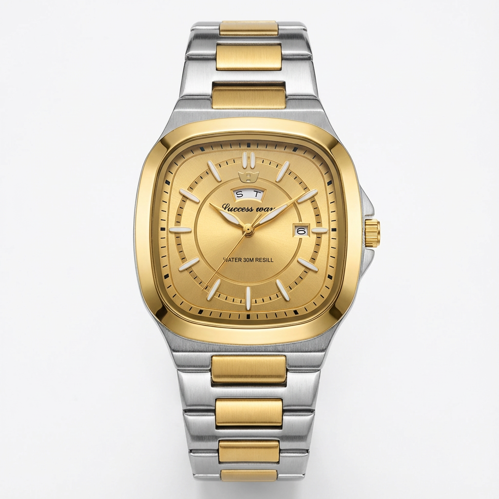 Success Way Luxury Square Two-Tone Men’s Watch - Gold & Silver Stainless Steel - Water Resistant - Date Display