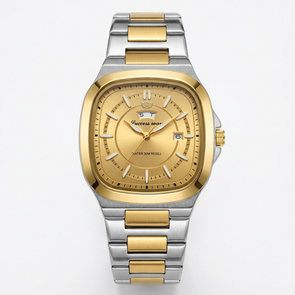 Success Way Luxury Square Two-Tone Men’s Watch - Gold & Silver Stainless Steel - Water Resistant - Date Display