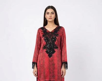 Women's Stitched 2 Piece Suit - Red & Black Snakeskin Printed Shirt & Trouser Women's Stitched 2 Piece Suit - Red & Black Snakeskin Printed Shirt & Trouse