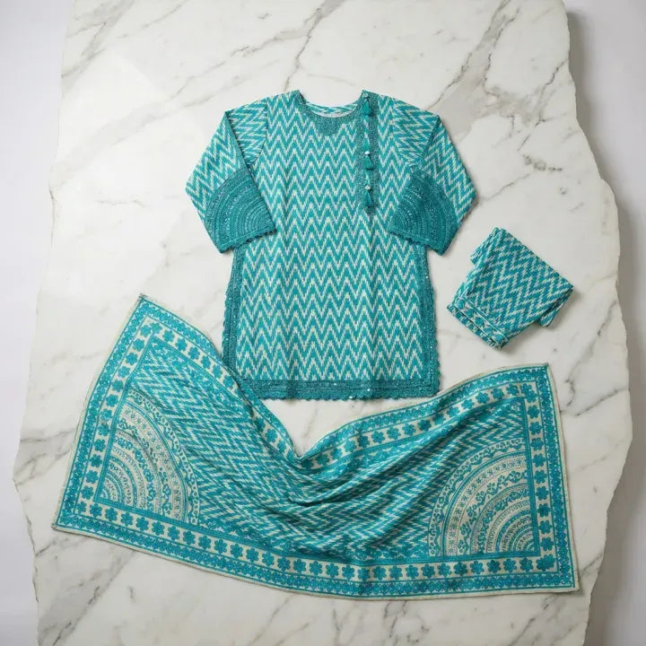 3-Piece Women’s Teal & White Printed cotton Suit