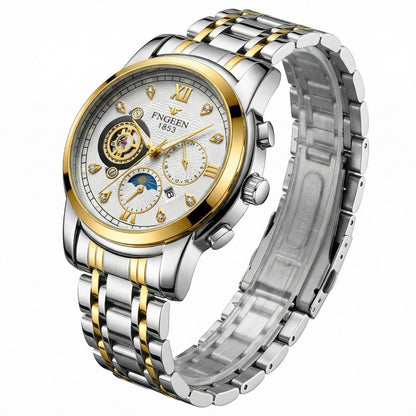 FNGEEN 1853 Luxury Men’s  Watch – Stainless Steel Two-Tone Strap, Skeleton Dial, Multi-Function
