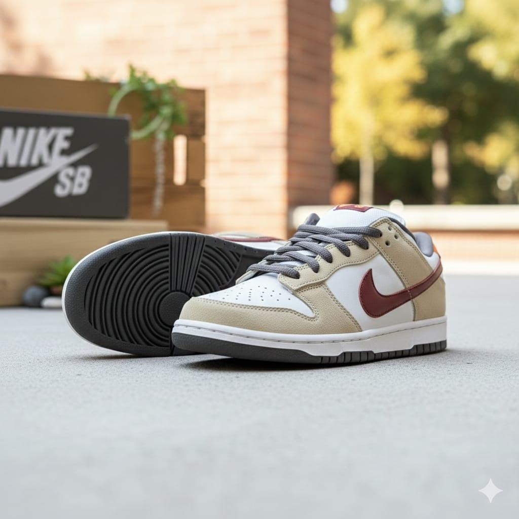 Nike SB Dunk Low Sneakers for Men - Tan, White & Burgundy - Premium Casual Skate Shoes