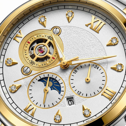 FNGEEN 1853 Luxury Men’s  Watch – Stainless Steel Two-Tone Strap, Skeleton Dial, Multi-Function