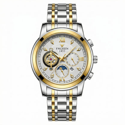 FNGEEN 1853 Luxury Men’s  Watch – Stainless Steel Two-Tone Strap, Skeleton Dial, Multi-Function
