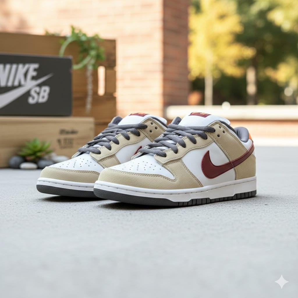 Nike SB Dunk Low Sneakers for Men - Tan, White & Burgundy - Premium Casual Skate Shoes