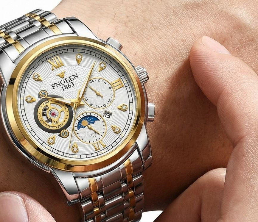 FNGEEN 1853 Luxury Men’s  Watch – Stainless Steel Two-Tone Strap, Skeleton Dial, Multi-Function
