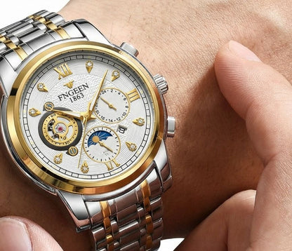 FNGEEN 1853 Luxury Men’s  Watch – Stainless Steel Two-Tone Strap, Skeleton Dial, Multi-Function