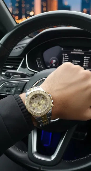 Luxury Diamond Bezel Chronograph Watch - Two-Tone Stainless Steel Men's Timepiece