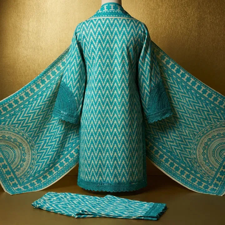 3-Piece Women’s Teal & White Printed cotton Suit