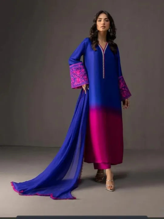 Ombre Embroidered stitched Suit Set Purple 3 piece
