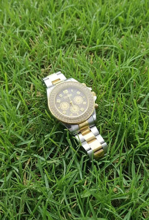 Luxury Diamond Bezel Chronograph Watch - Two-Tone Stainless Steel Men's Timepiece