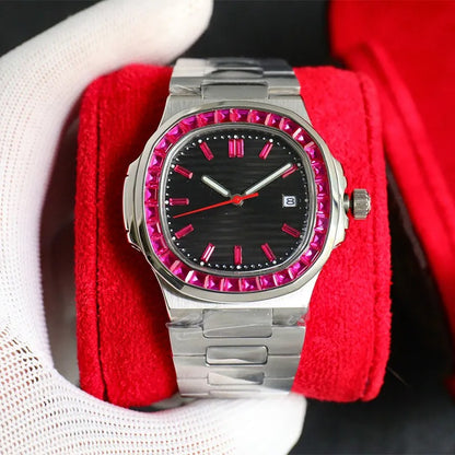 Luxury Men's Stainless Steel Watch – Black Dial with Ruby/Blue Stone Bezel – Analog Quartz Wristwatch with Date Display