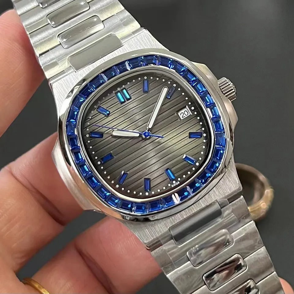 Luxury Men's Stainless Steel Watch – Black Dial with Ruby/Blue Stone Bezel – Analog Quartz Wristwatch with Date Display